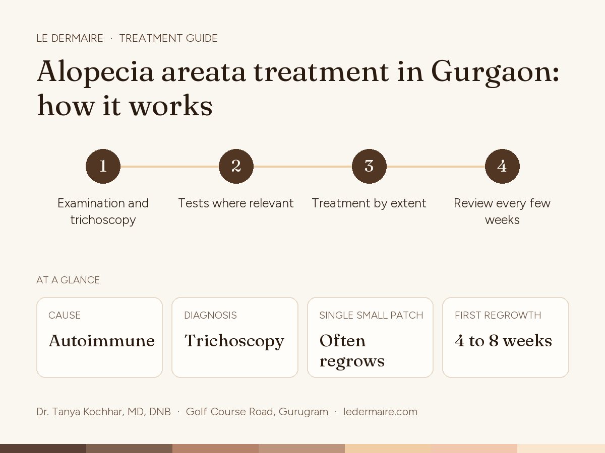 Alopecia Areata Treatment in Gurgaon at Le Dermaire, step by step: examination and trichoscopy, tests where relevant, treatment by extent, review every few weeks. Typical figures: cause autoimmune; diagnosis trichoscopy; single small patch often regrows; first regrowth 4 to 8 weeks.