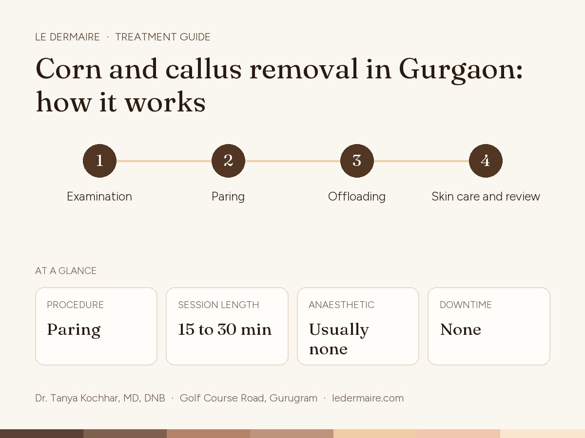Corn & Callus Removal in Gurgaon at Le Dermaire, step by step: examination, paring, offloading, skin care and review. Typical figures: procedure paring; session length 15 to 30 min; anaesthetic usually none; downtime none.