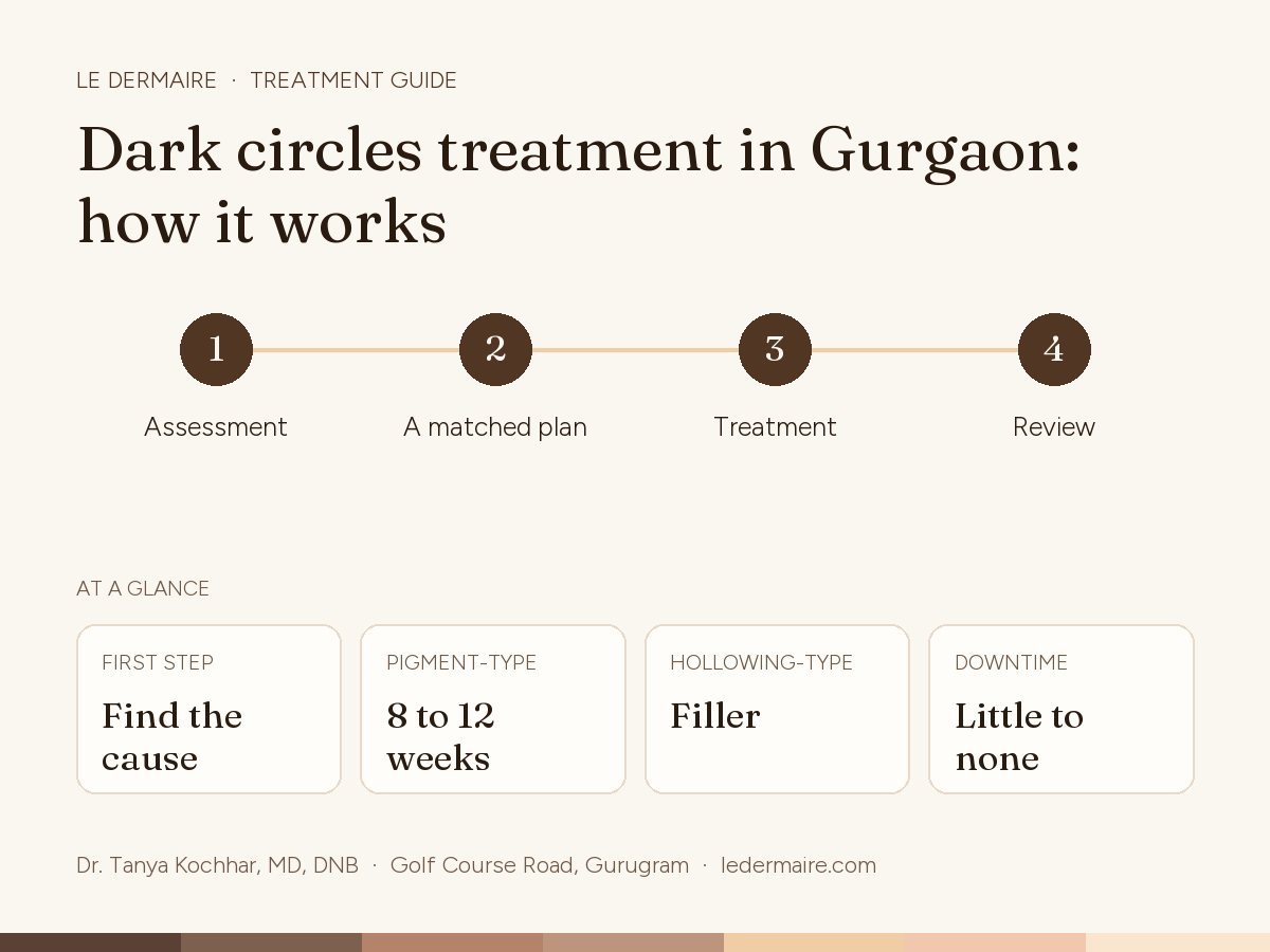 Dark Circles Treatment in Gurgaon at Le Dermaire, step by step: assessment, A matched plan, treatment, review. Typical figures: first step find the cause; pigment-type 8 to 12 weeks; hollowing-type filler; downtime little to none.