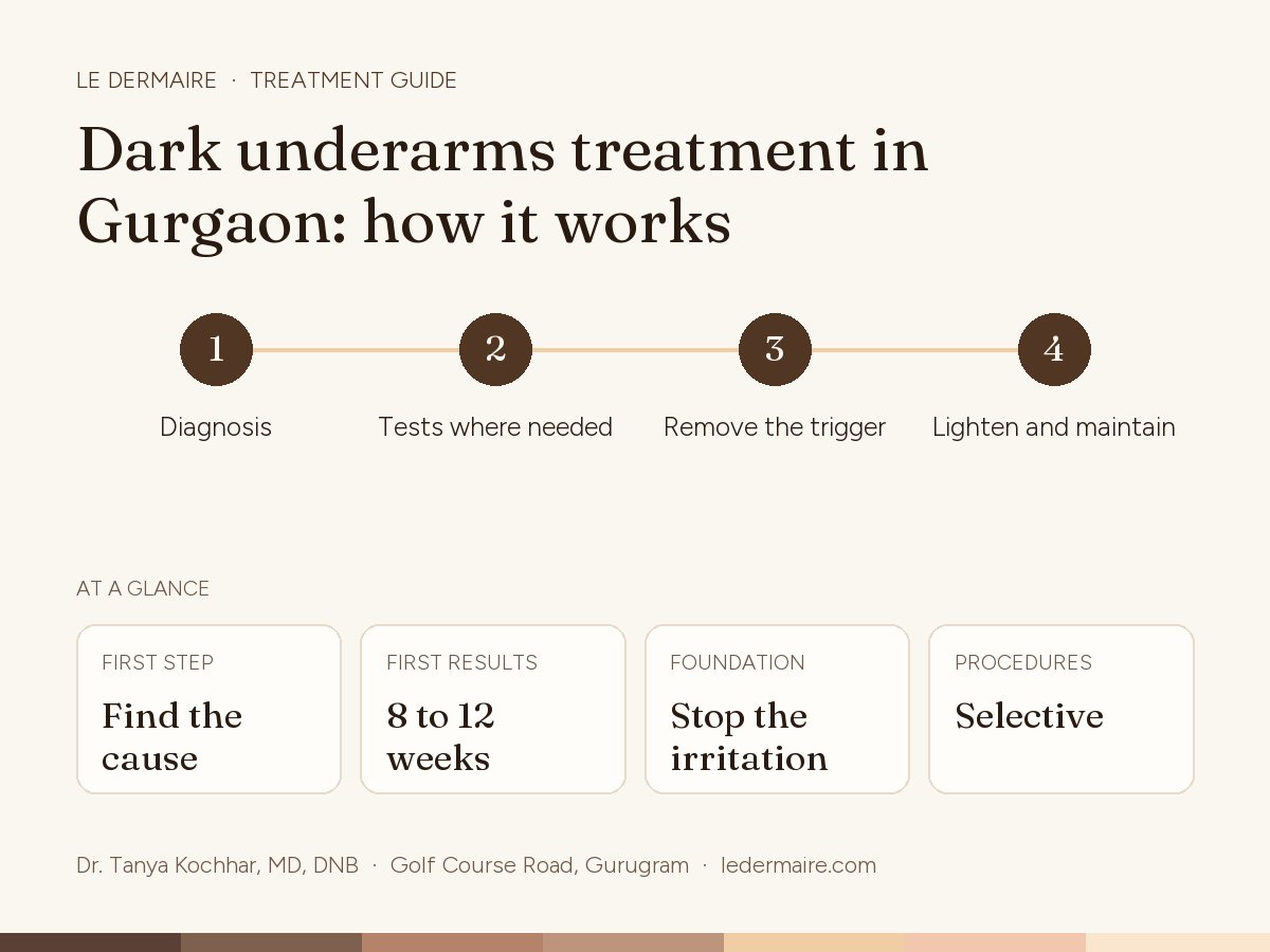 Dark Underarms Treatment in Gurgaon at Le Dermaire, step by step: diagnosis, tests where needed, remove the trigger, lighten and maintain. Typical figures: first step find the cause; first results 8 to 12 weeks; foundation stop the irritation; procedures selective.