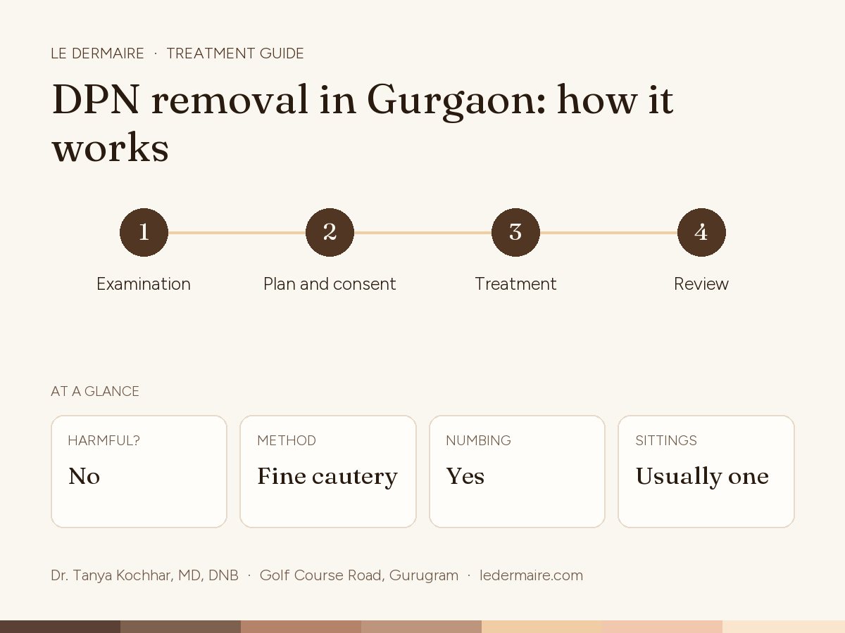 DPN Removal in Gurgaon at Le Dermaire, step by step: examination, plan and consent, treatment, review. Typical figures: harmful? no; method fine cautery; numbing yes; sittings usually one.