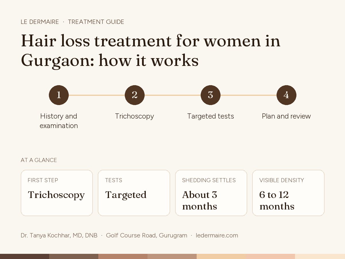 Hair Loss Treatment for Women in Gurgaon at Le Dermaire, step by step: history and examination, trichoscopy, targeted tests, plan and review. Typical figures: first step trichoscopy; tests targeted; shedding settles about 3 months; visible density 6 to 12 months.
