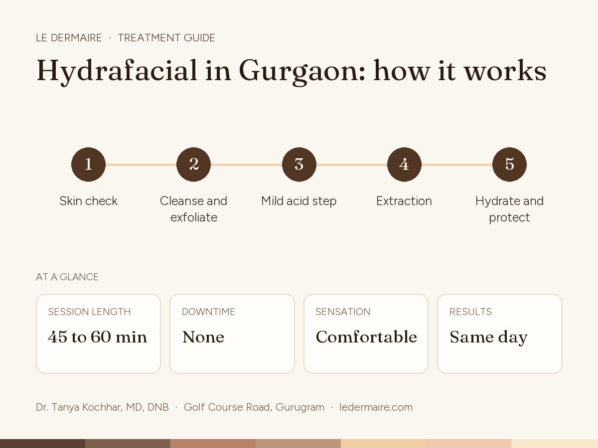 Hydrafacial in Gurgaon at Le Dermaire, step by step: skin check, cleanse and exfoliate, mild acid step, extraction, hydrate and protect. Typical figures: session length 45 to 60 min; downtime none; sensation comfortable; results same day.