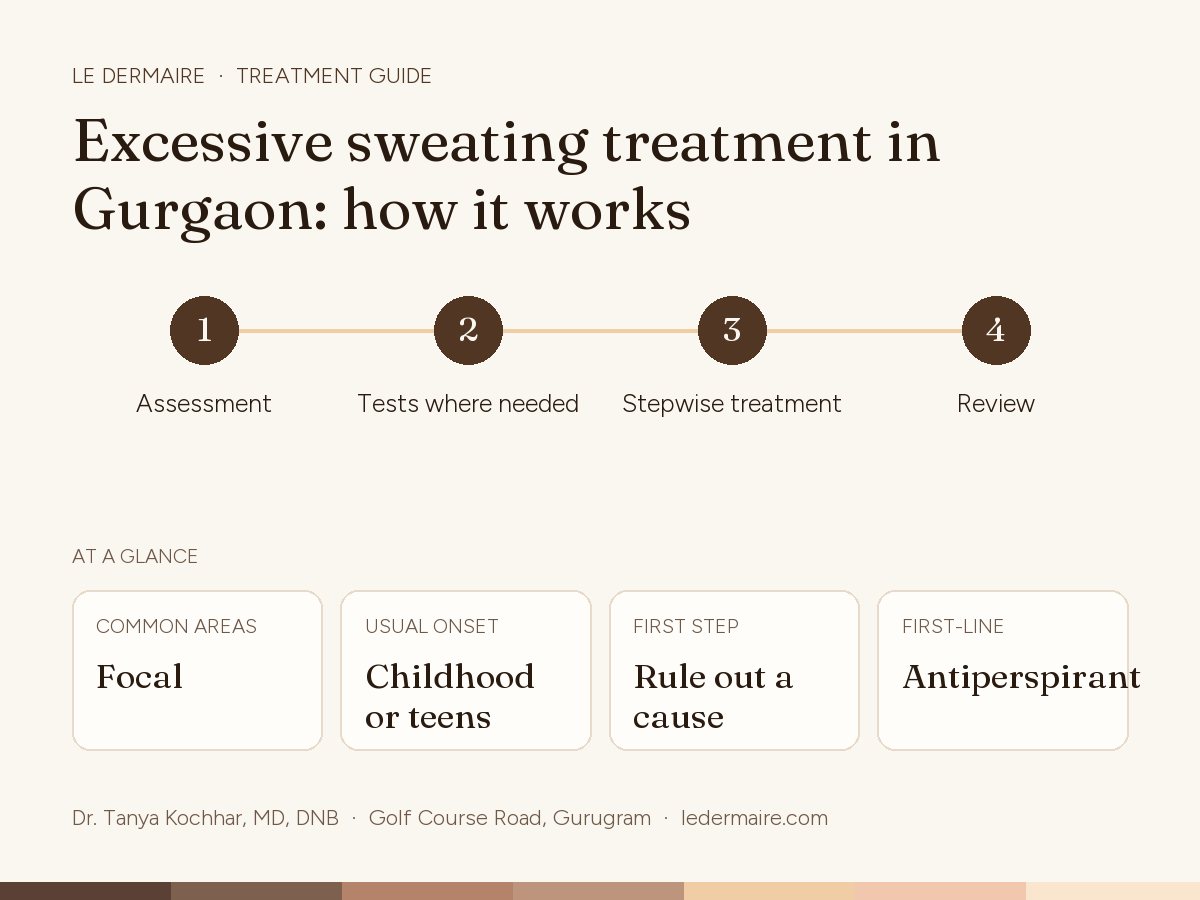 Excessive Sweating (Hyperhidrosis) Treatment in Gurgaon at Le Dermaire, step by step: assessment, tests where needed, stepwise treatment, review. Typical figures: common areas focal; usual onset childhood or teens; first step rule out a cause; first-line antiperspirant.