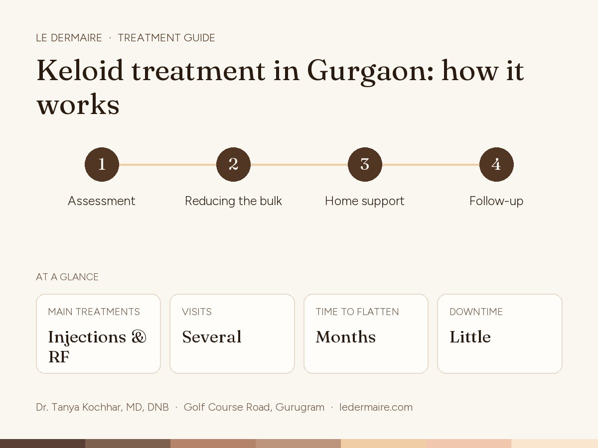 Keloid Treatment in Gurgaon at Le Dermaire, step by step: assessment, reducing the bulk, home support, follow-up. Typical figures: main treatments injections & RF; visits several; time to flatten months; downtime little.