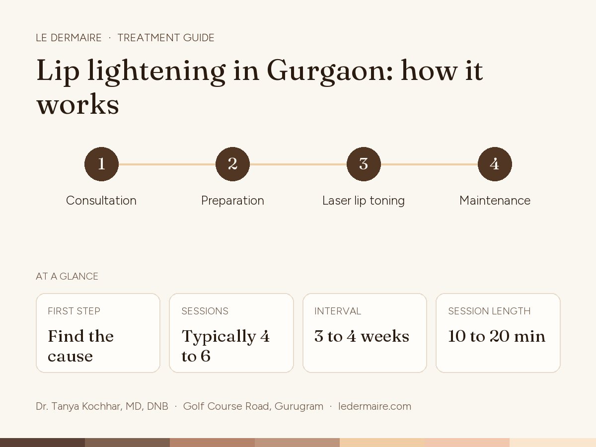 Lip Lightening Treatment in Gurgaon at Le Dermaire, step by step: consultation, preparation, laser lip toning, maintenance. Typical figures: first step find the cause; sessions typically 4 to 6; interval 3 to 4 weeks; session length 10 to 20 min.