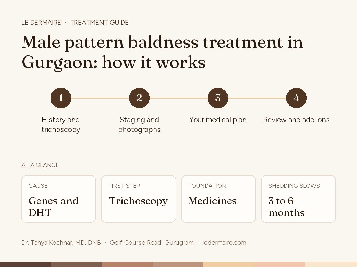 Male Pattern Baldness Treatment in Gurgaon at Le Dermaire, step by step: history and trichoscopy, staging and photographs, your medical plan, review and add-ons. Typical figures: cause genes and DHT; first step trichoscopy; foundation medicines; shedding slows 3 to 6 months.