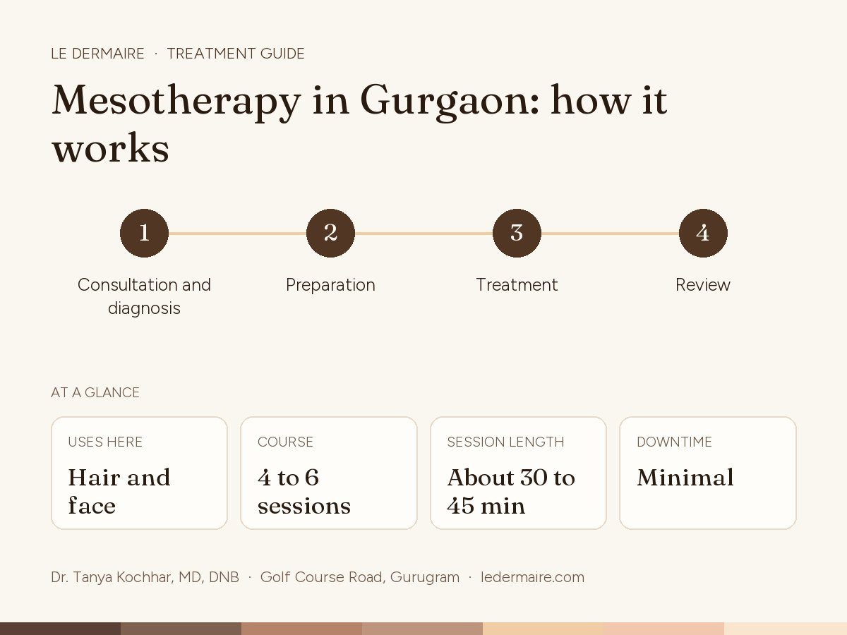 Mesotherapy in Gurgaon at Le Dermaire, step by step: consultation and diagnosis, preparation, treatment, review. Typical figures: uses here hair and face; course 4 to 6 sessions; session length about 30 to 45 min; downtime minimal.