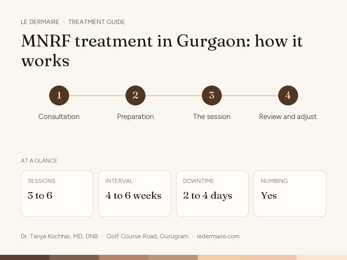 MNRF Treatment in Gurgaon at Le Dermaire, step by step: consultation, preparation, the session, review and adjust. Typical figures: sessions 3 to 6; interval 4 to 6 weeks; downtime 2 to 4 days; numbing yes.