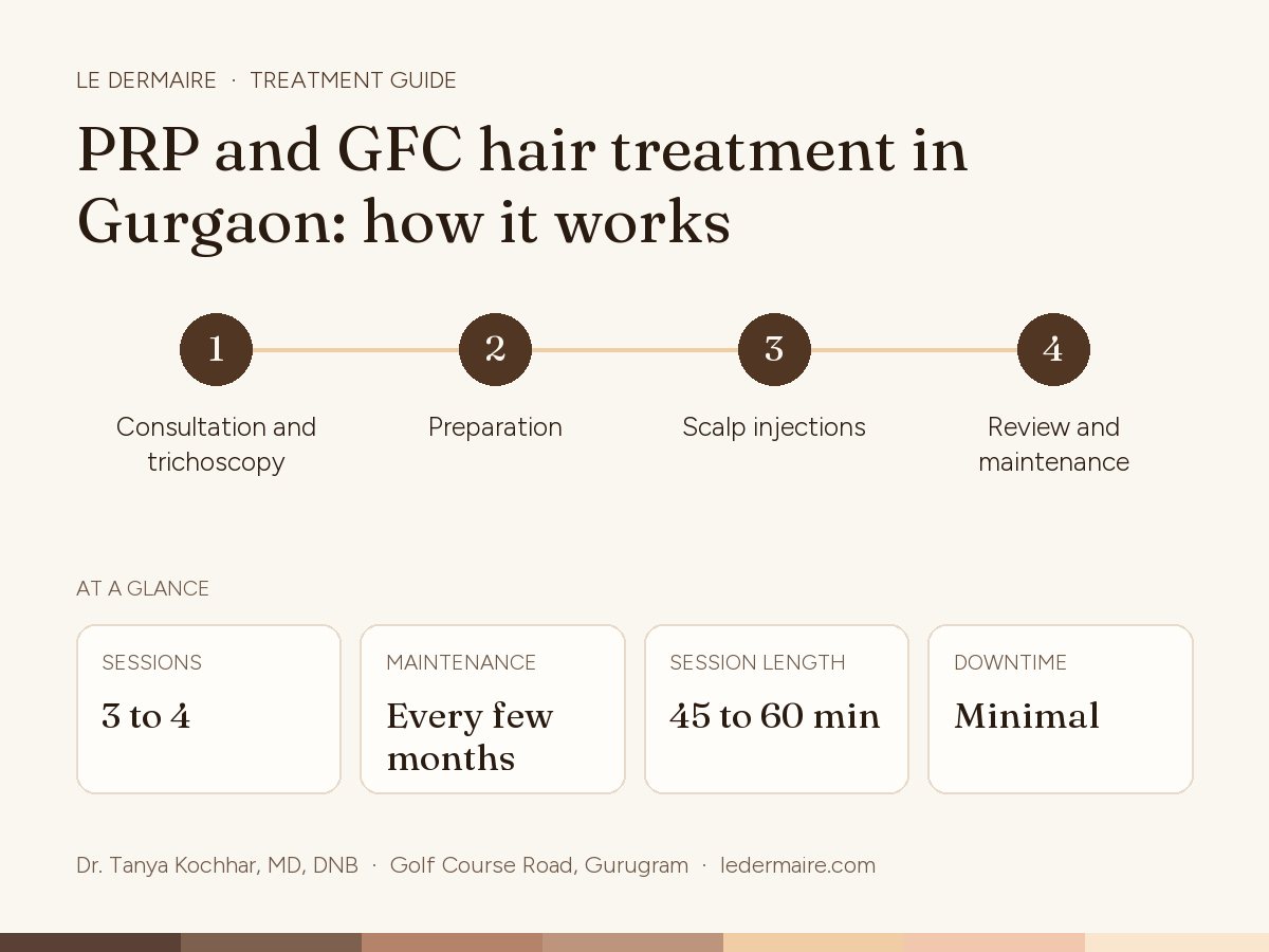 PRP & GFC Hair Treatment in Gurgaon at Le Dermaire, step by step: consultation and trichoscopy, preparation, scalp injections, review and maintenance. Typical figures: sessions 3 to 4; maintenance every few months; session length 45 to 60 min; downtime minimal.