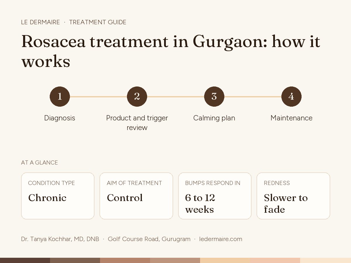 Rosacea Treatment in Gurgaon at Le Dermaire, step by step: diagnosis, product and trigger review, calming plan, maintenance. Typical figures: condition type chronic; aim of treatment control; bumps respond in 6 to 12 weeks; redness slower to fade.