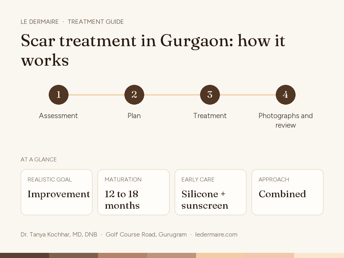 Scar Treatment in Gurgaon at Le Dermaire, step by step: assessment, plan, treatment, photographs and review. Typical figures: realistic goal improvement; maturation 12 to 18 months; early care silicone + sunscreen; approach combined.