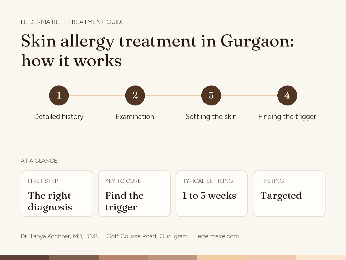Skin Allergy Treatment in Gurgaon at Le Dermaire, step by step: detailed history, examination, settling the skin, finding the trigger. Typical figures: first step the right diagnosis; key to cure find the trigger; typical settling 1 to 3 weeks; testing targeted.