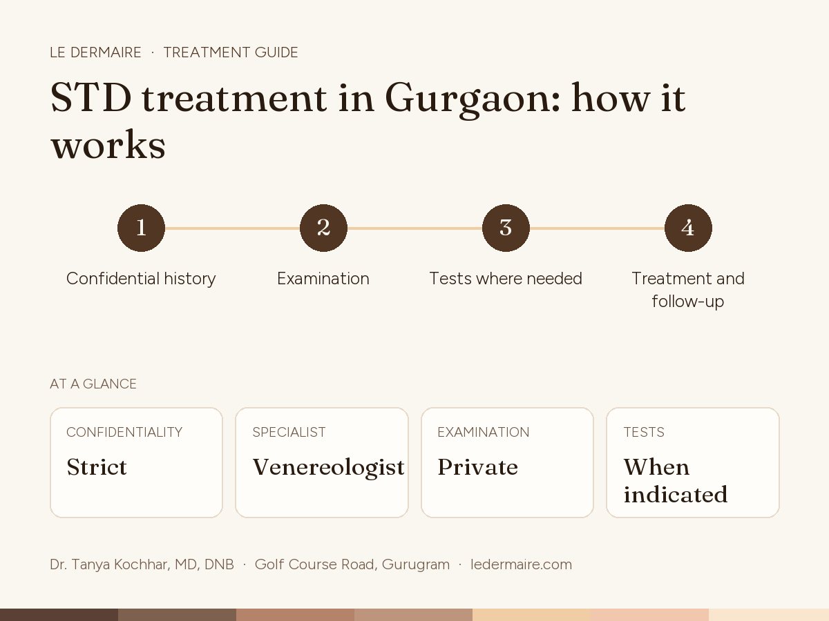 STD Treatment & Venereologist Consultation in Gurgaon at Le Dermaire, step by step: confidential history, examination, tests where needed, treatment and follow-up. Typical figures: confidentiality strict; specialist venereologist; examination private; tests when indicated.