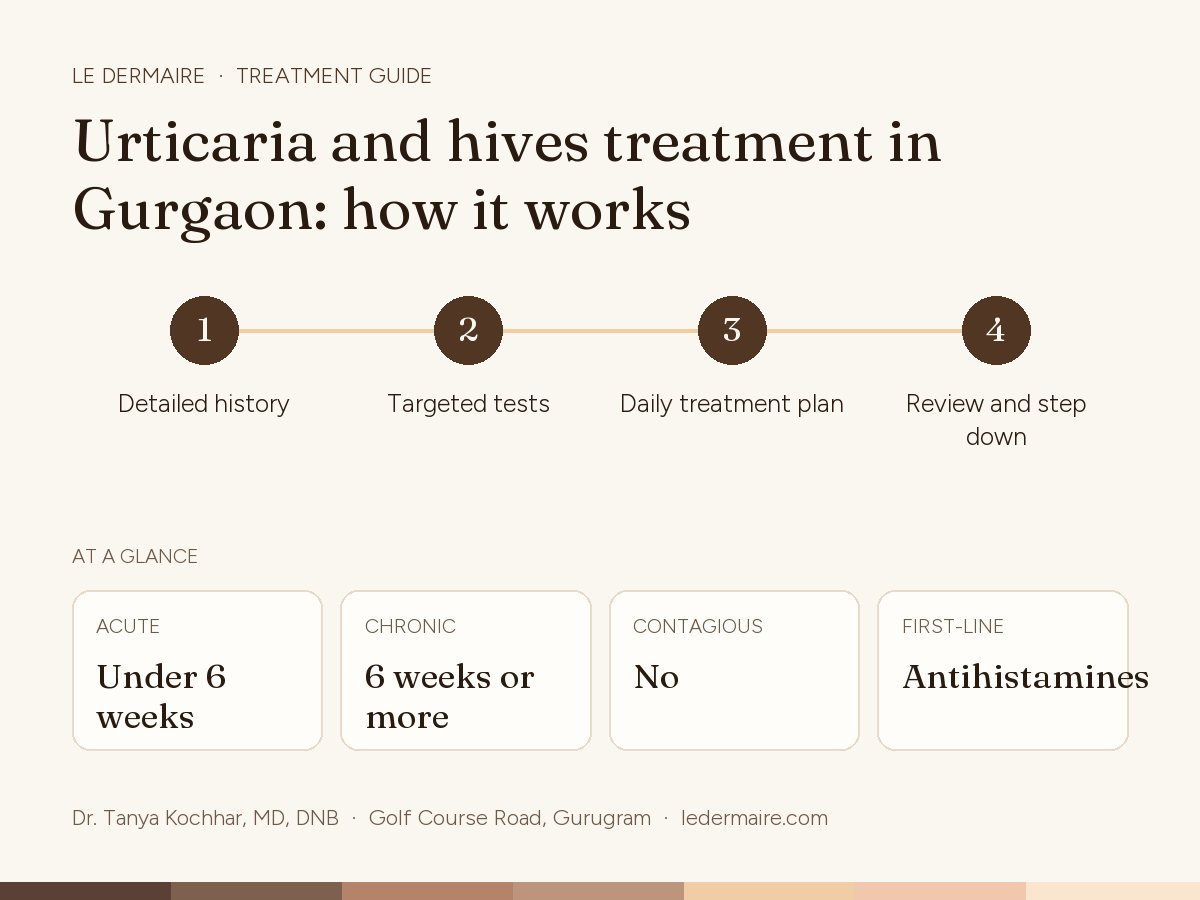 Urticaria (Hives) Treatment in Gurgaon at Le Dermaire, step by step: detailed history, targeted tests, daily treatment plan, review and step down. Typical figures: acute under 6 weeks; chronic 6 weeks or more; contagious no; first-line antihistamines.